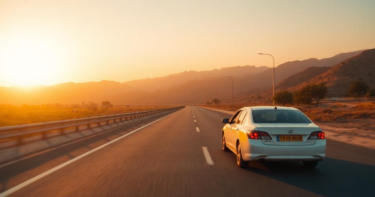 Sedan taxi on the Jaipur to Delhi highway at sunrise